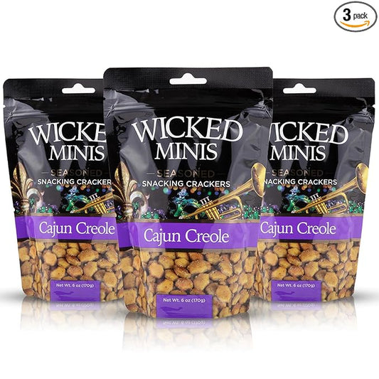 Wicked Minis Soup & Oyster Crackers - Saltine & Salted Flavored Mini Puffed Soup, Savory Snacking Mix, Seasoned Croutons Salad Toppers, Crackers for Chili 6oz (Cajun Creole, Pack of 3)