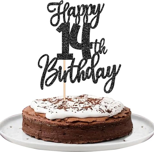 1 PCS Happy 14th Birthday Cake Topper Glitter Cheers to 14 Years Birthday Cake Pick Fourteen Hello 14 Fabulous Cake Decoration for Happy 14th Birthday Anniversary Party Decorations Supplies Black
