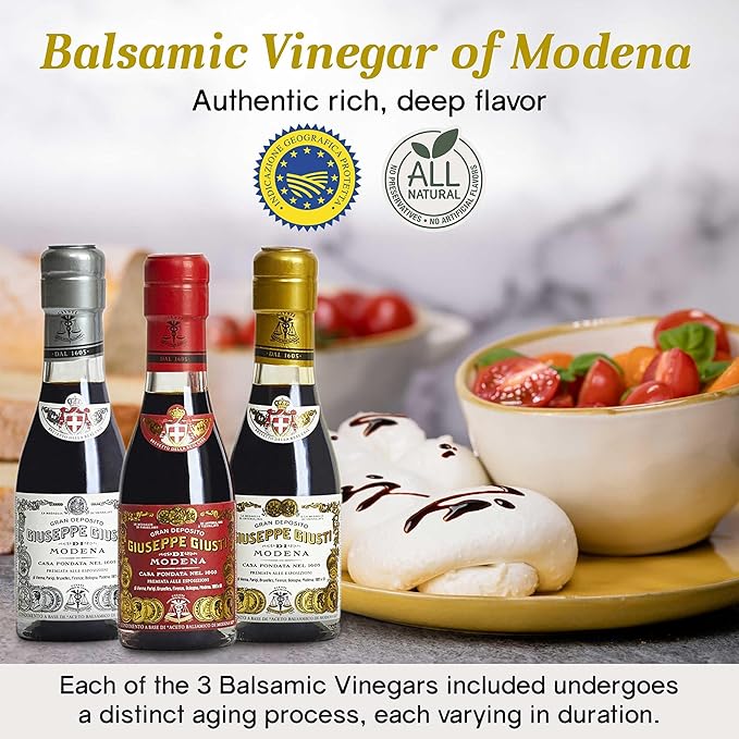 Giusti Balsamic Vinegar of Modena Trio Gift Set ??3 Bottles of Premium Italian Aceto Balsamico di Modena IGP Matured to Different Levels, Gourmet Collection in an Elegant Box ??3 x 3.38 fl oz