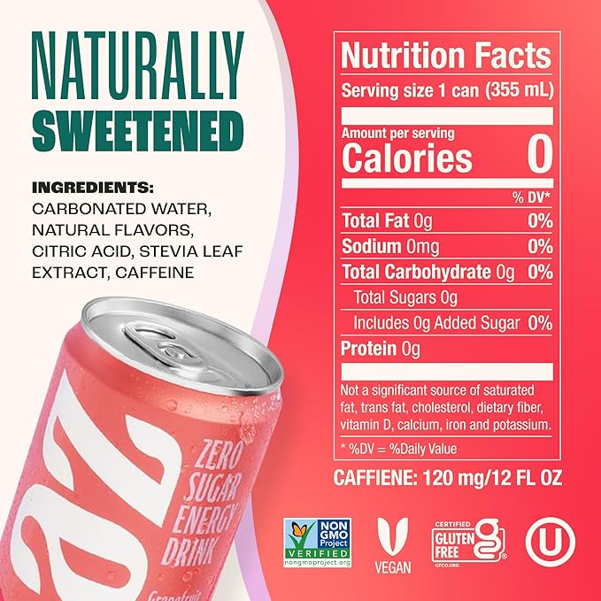 Zevia Zero Sugar Energy Drink, Grapefruit, 12 oz Cans (12-Pack) – Naturally Sweetened, Non-GMO Project Verified, Gluten-Free, Vegan