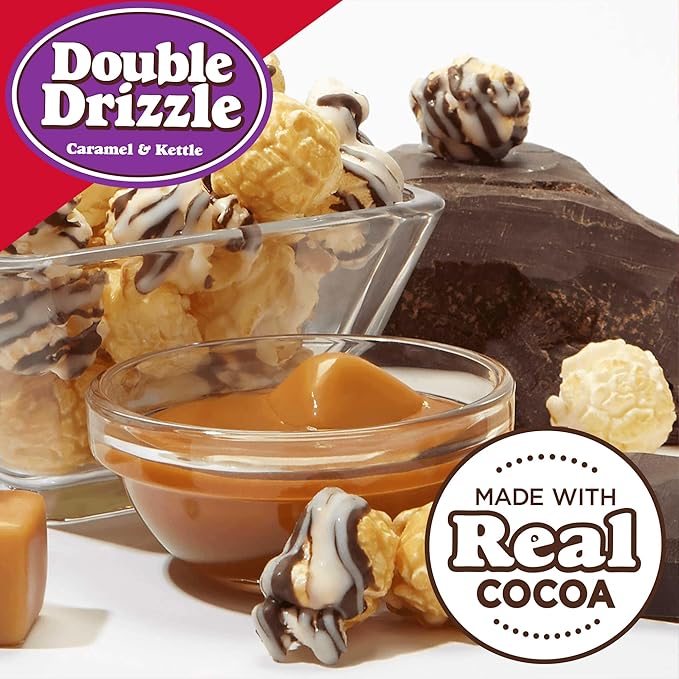 Popcornopolis Double Drizzle 6 ct, 2 oz Case, Caramel and Kettle with Chocolatey Stripes Flavored Indulgent Popcorn