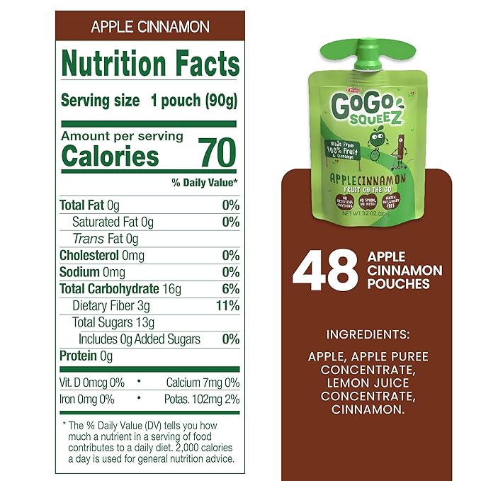 GoGo squeeZ Applesauce and Fruit Puree, Apple Cinnamon, 3.2 oz (Pack of 48), Unsweetened Fruit Snacks for Kids, Gluten Free, Nut Free and Dairy Free, Recloseable Cap, BPA Free Pouches