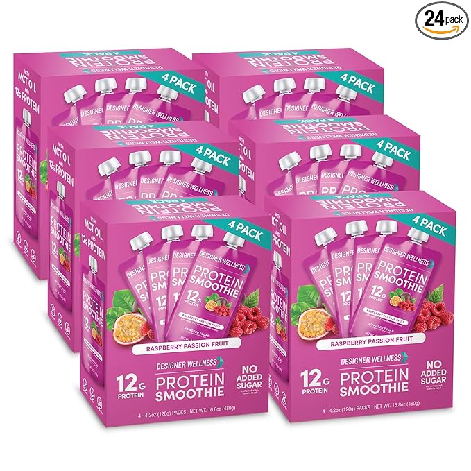 Designer Wellness Protein Smoothie, Real Fruit, 12g Protein, Low Carb, Zero Added Sugar, Gluten-Free, Non-GMO, No Artificial Colors or Flavors, Raspberry Passion Fruit, 24 Count