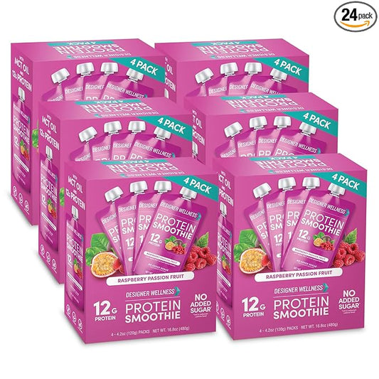 Designer Wellness Protein Smoothie, Real Fruit, 12g Protein, Low Carb, Zero Added Sugar, Gluten-Free, Non-GMO, No Artificial Colors or Flavors, Raspberry Passion Fruit, 24 Count