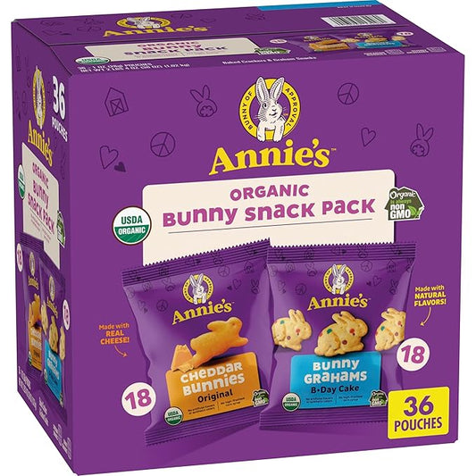 Annie's Organic Birthday Cake Bunny Grahams and Cheddar Bunnies Snack Pack 36 Count, 36 oz