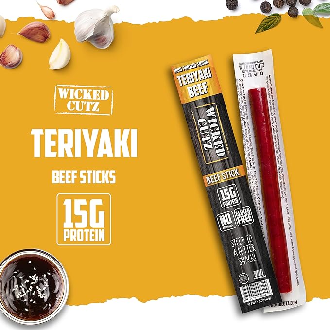 Wicked Cutz Teriyaki Beef Sticks, 15g Protein Per Beef Stick, Tender & Juicy Extra Large Meat Stick, USA Made High Protein Meat Sticks, Carnivore Snacks (12 Pack)