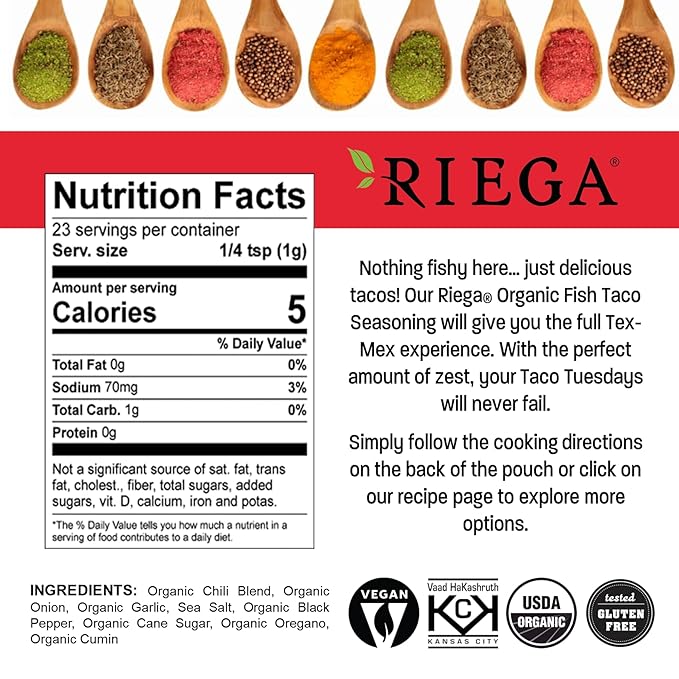 Riega Organic Fish Taco Seasoning – Zesty Spice Blend for Grilled Fish, Tacos, Bowls & Roasted Veggies – 0.8 oz (Pack of 8)