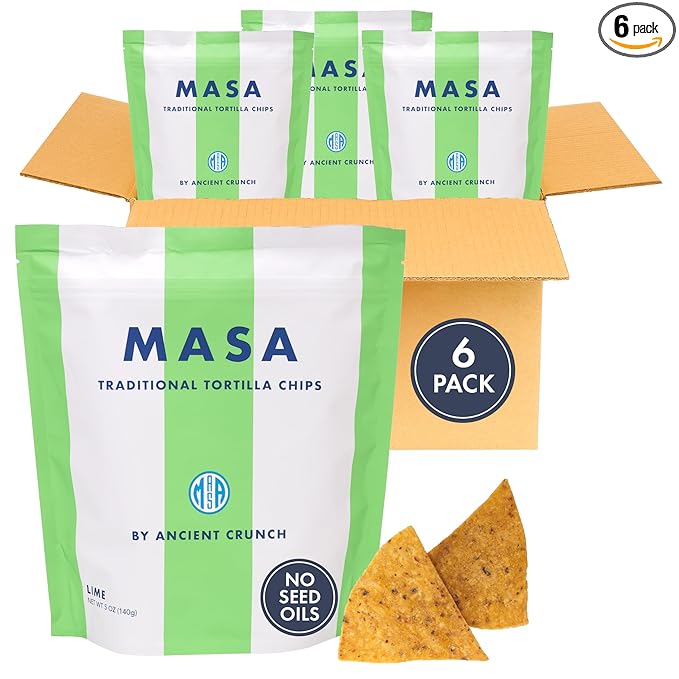 MASA Chips - Lime Flavored Tortilla Chips, Handmade Corn Chips & Crisps - Naturally Grown White Corn, Made with Grass Fed Tallow & Sea Salt - 6 Pack, 5 Ounce Each