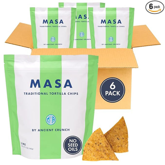 MASA Chips - Lime Flavored Tortilla Chips, Handmade Corn Chips & Crisps - Naturally Grown White Corn, Made with Grass Fed Tallow & Sea Salt - 6 Pack, 5 Ounce Each