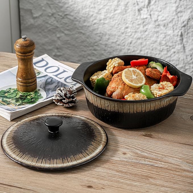 KOOV Ceramic Casserole Dish with Lid Oven Safe, 2 Quart Casserole Dishes, Covered Round Casseroles Dishes, 9 inch Baking dish With Lid, Deep Casseroles Cookware Set, Stripe Series (Rough Black)