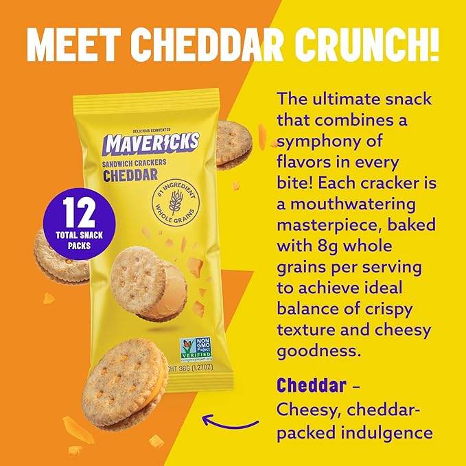 Mavericks Sandwich Crackers Cheddar - Cheese Filled Whole Grain Sandwich Cracker Snack Packs, Non-GMO - 2 Boxes (12 Snack Packs)