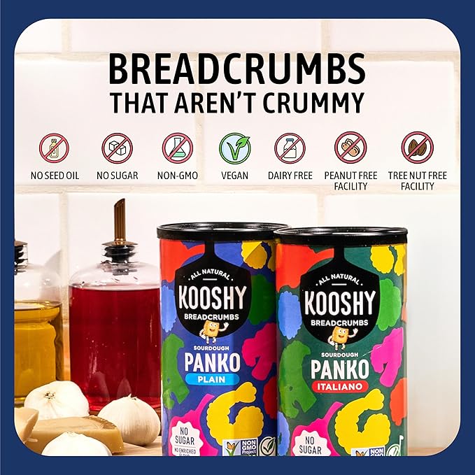Kooshy Plain Panko Breadcrumbs | Vegan, Dairy Free, & Non GMO Sourdough Bread Crumbs for Meatballs, Meat Cutlets, Vegetables, Meatloaf, & Mac and Cheese (Plain | 7.5 oz / 6 Pack)