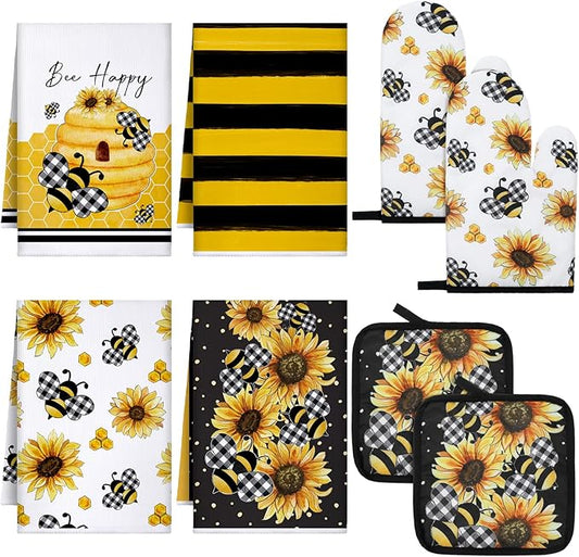 Bencailor 8 Pcs Kitchen Towel Pot Holders and Oven Mitts Set Kitchen Decoration 4 Dish Towels 2 Retro Oven Mitts 2 Potholders for Housewarming Gift Cooking Baking Grilling(Bee and Sunflower,Yellow)