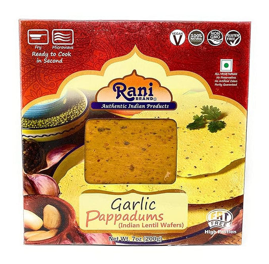 Rani Pappadums (Indian Lentil Wafer Snack) Garlic Papad 7oz (200g) Approximately 15pc, 7 inches ~ All Natural | Gluten Friendly | NON-GMO | Vegan | Indian Origin