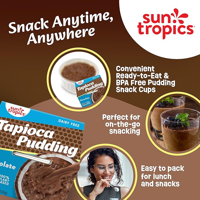 Sun Tropics Tapioca Pudding, Chocolate | Vegan Puddings, Dairy Free Puddings | Gluten Free, Non-GMO | Ready-to-Eat Pudding Cups 4.0oz (Pack of 6)