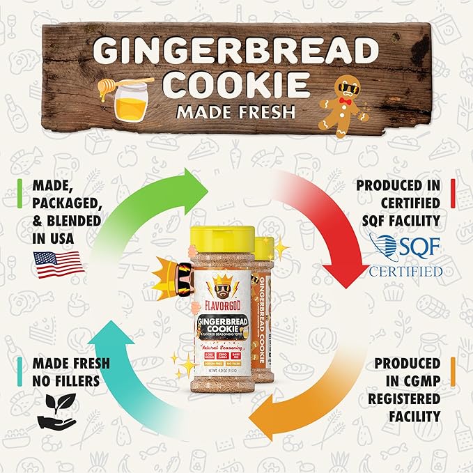 Gingerbread Cookie Topper Mix (2 Bottle) by Flavor God - Premium All Natural & Healthy Spice Blend for Ice Cream & Coffee - Kosher, Low Sodium, & Dairy-Free - Great Flavor Spices and Seasoning Gift