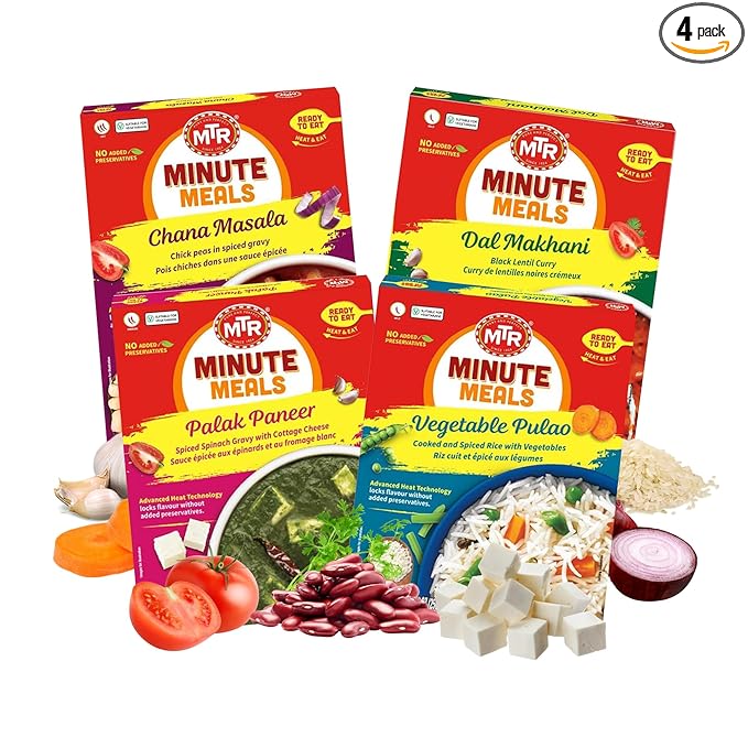 MTR Ready-To-Eat: Maharaja Pack - Assorted Pack of 4 (Chana Masala, Dal makhani, Palak Paneer, Vegetable Pulao) - Authentic Indian Food with No Added Preservatives - Suitable for Vegetarians