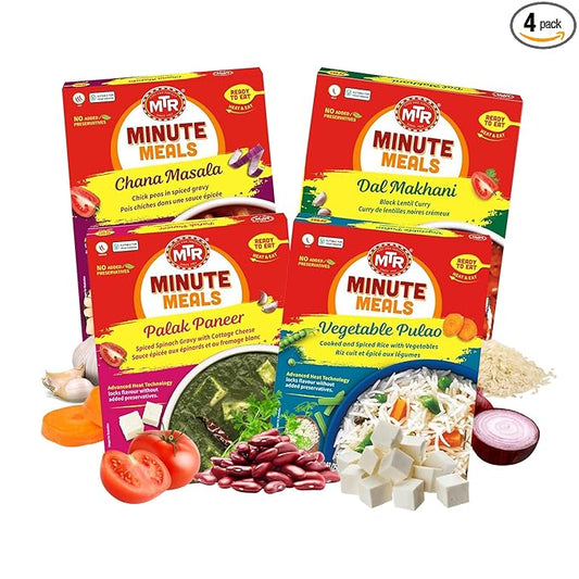 MTR Ready-To-Eat: Maharaja Pack - Assorted Pack of 4 (Chana Masala, Dal makhani, Palak Paneer, Vegetable Pulao) - Authentic Indian Food with No Added Preservatives - Suitable for Vegetarians