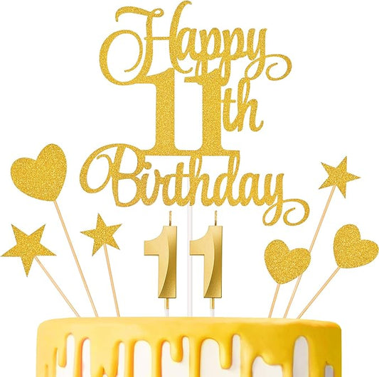 11th Birthday Cake Decorations, 11th Birthday Candles Cake Numeral Candles and Glitter Happy 11th Birthday Cake Toppers Set for Birthday Party Supplies (Gold)