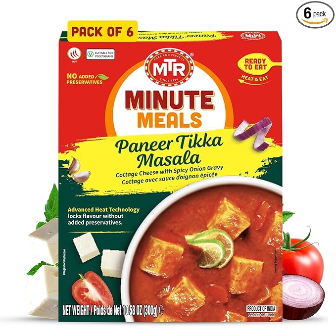 MTR - Minute Meals: Paneer Tikka Masala - Cottage Cheese with Spicy Onion Gravy - Tasty Indian Meal with No Added Preservatives - A Quick Meal Suitable for Vegetarians, Ready in Minutes! (Pack of 6)