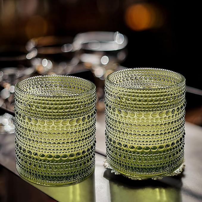 Set of 4 Vintage 12 oz Crystal Glasses, Old Fashioned Glass Cups for Water, Juice, Coffee, and Beer (Green)