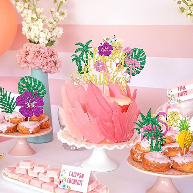 Rsstarxi 25 Pack Tropical Luau Cupcake Toppers with Happy Birthday Flamingo Cake Topper Palm Tree Flamingo Pineapple Cupcake Picks Decorations for Summer Beach Hawaiian Luau Birthday Party Decoration