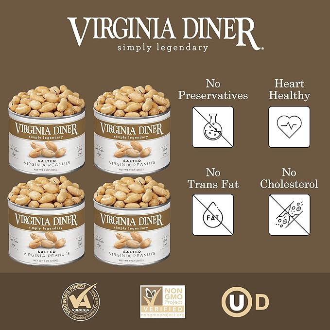 Virginia Diner All Natural Gourmet Virginia Nuts Blister Roasted Super Xl Peanuts Heart Healthy Snack or Gift 9oz (4 Pack) Salted