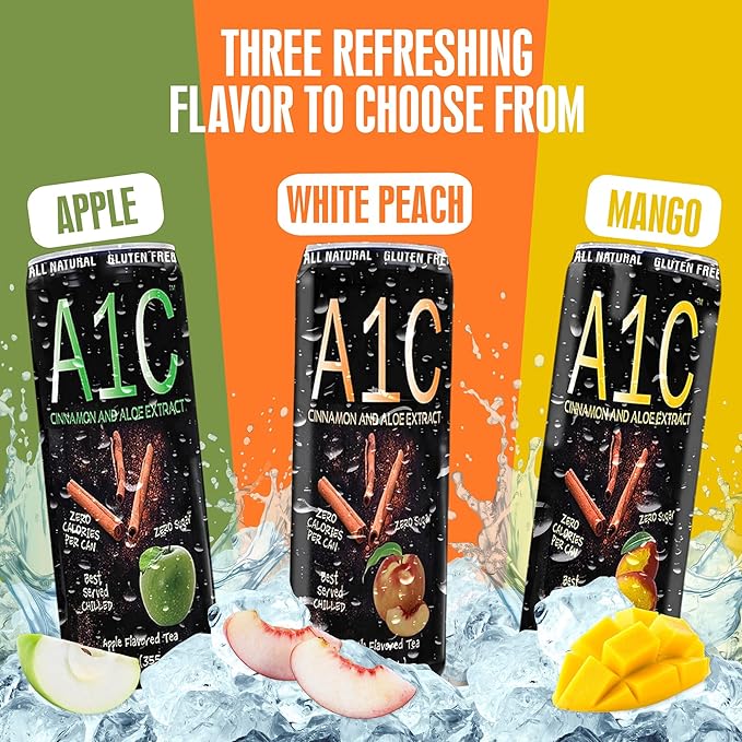 A1C Sugar-Free White Peach Flavored Iced Tea – Zero Calorie Drink with Aloe & Cinnamon Extracts, No Sodium, No Caffeine, Zero Sugar Iced Tea, Made in USA, Refreshing Canned Drink, 12 fl oz (24 Pack)
