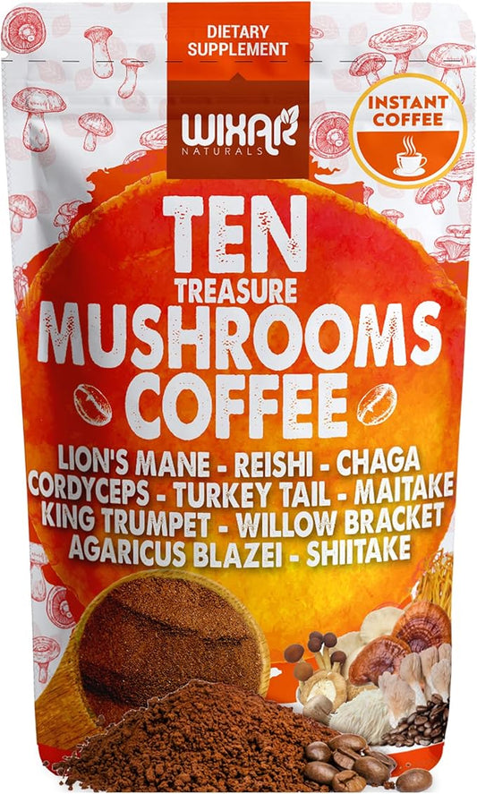 Wixar Mushroom Coffee Blend - Ten Treasure Mushrooms Extract Instant Coffee Powder with Lions Mane