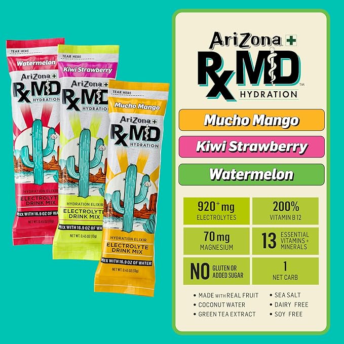 AriZona Rx MD Hydration Stix Variety Bundle, 6 Stix per Flavor - Watermelon + Mucho Mango + Kiwi Strawberry, Drink Mix - 920mg of Electrolytes - 0.45 oz Powder Sticks (Pack of 18)