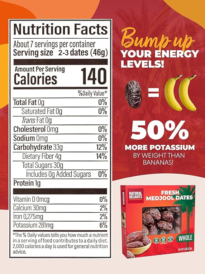 Natural Delights Medjool Dates Whole - Non-GMO Verified Fruit, Good Source of Fiber & Potassium, Naturally Sweet, Snack for On-the-Go, Large & Plump Dates - Bulk 5 lb Box (Pack of 2)