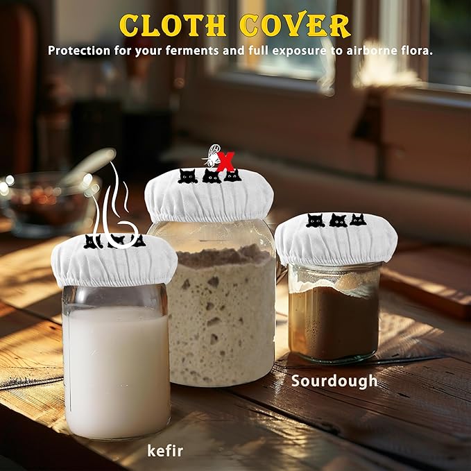 Sourdough Starter Cloth Covers Jars, Cute Black Cats Or Kombucha Kefir Fermentation Cheese Fabric Lids, Fit Jars Mouth from 3-4 inch, 5 Pack