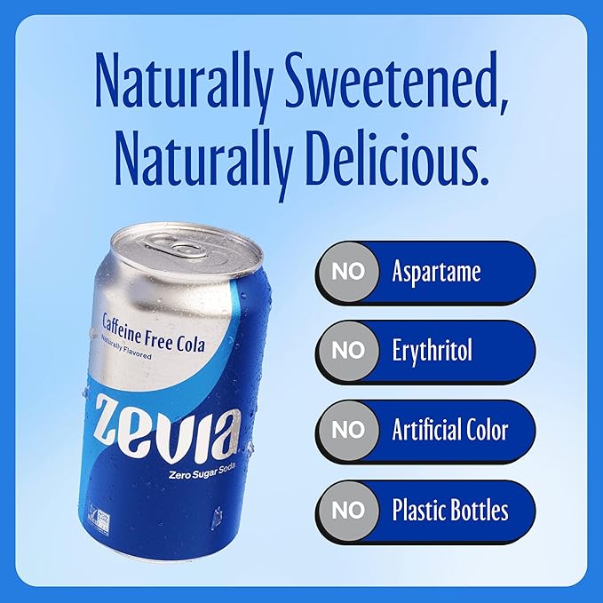 Zevia Zero Sugar Soda, Caffeine Free Cola, 12 oz Cans (24-Pack) ??Naturally Sweetened, Zero Calorie Sugar Free Soda - Non-GMO Project Verified, Gluten-Free, Vegan