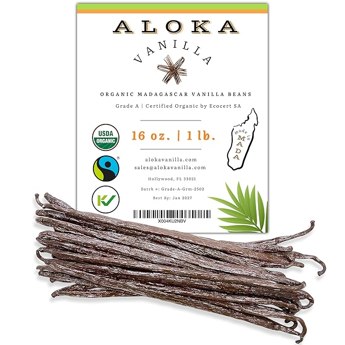 16oz (1 Pound) Count Organic Madagascar Vanilla Beans – Grade A Bourbon Pods | Gourmet Whole Vanilla Beans for Baking, Cooking, Extract Making | Rich Aroma, Premium Flavor, Non-GMO, Vegan