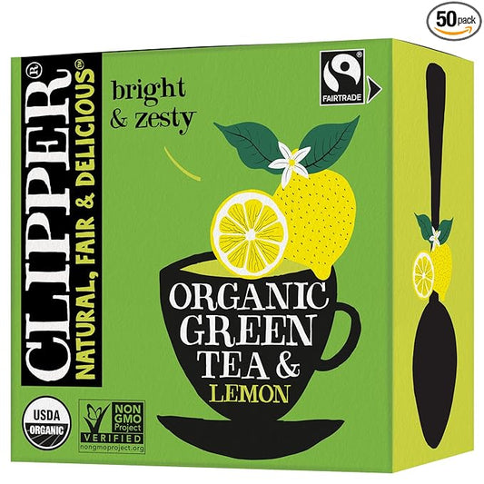 Clipper Tea Green Tea & Lemon Teabags ??USDA Organic, Great Hot or Iced ??Bright, Zippy, Natural, Fair & Delicious ??50 Tea Bags