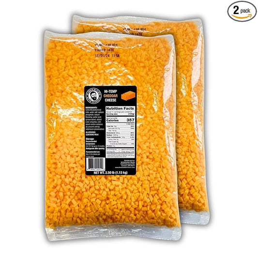 Bearded Butchers High-Temp Cheddar Cheese, Pack of 2 (2.5 lb Bags) ??5 lbs Total, Shelf-Stable 1/4-Inch Cubes for Up to 25 lbs of Meat Per Bag, 400째F High-Temperature Cheese ??Perfect for Sausages, Brats, Snack Sticks, Burgers, and More