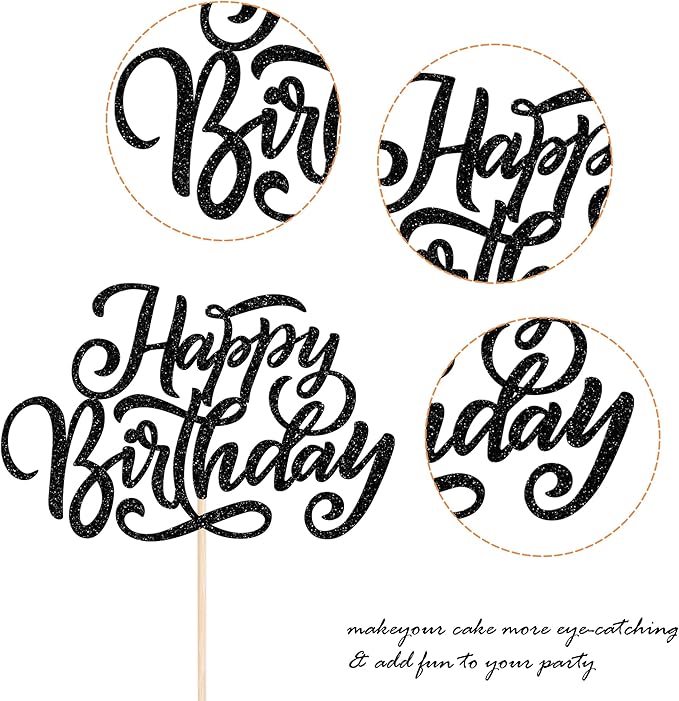 Rsstarxi 1 Pack Happy Birthday Cake Topper Glitter Men Women Birthday Cake Pick for Anniversary Celebration Party Decoration, Birthday Party Cake Decorations Supplies Black