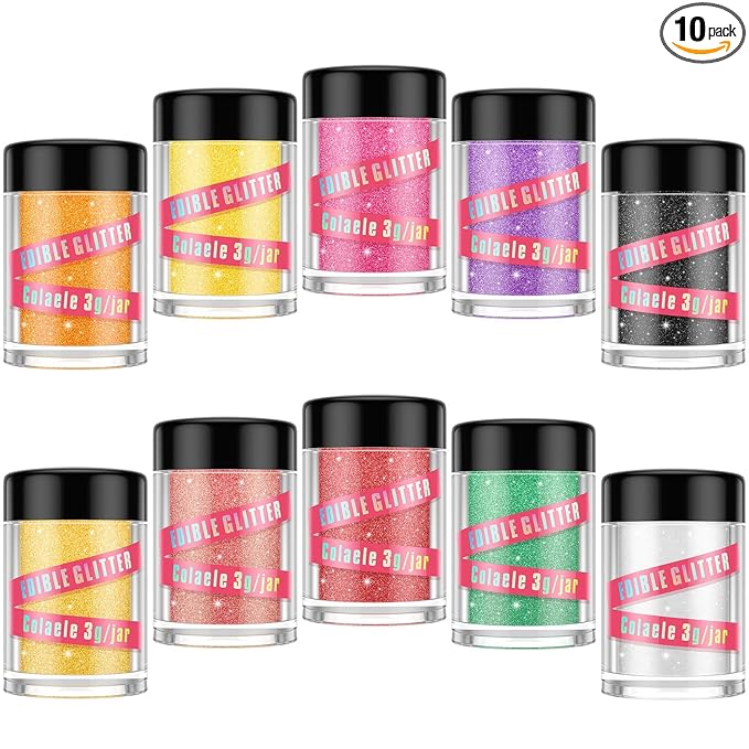 Edible Glitter for Cakes Drinks Luster Dust Set - Colaele 10 Colors Shimmering Disco Glitter Food Grade Metallic Food Coloring Powder Sprinkling for Strawberries, Chocolates, Fondant, Pops, Vegan