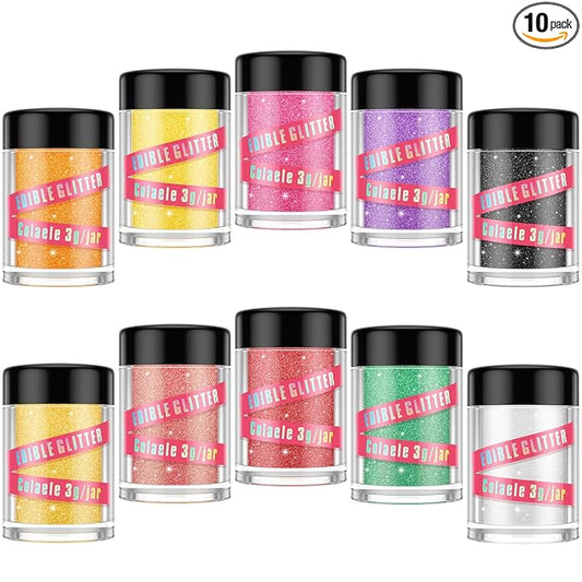 Edible Glitter for Cakes Drinks Luster Dust Set - Colaele 10 Colors Shimmering Disco Glitter Food Grade Metallic Food Coloring Powder Sprinkling for Strawberries, Chocolates, Fondant, Pops, Vegan
