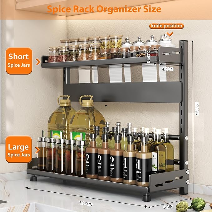 VORA Spice Organization for Cabinet, 2-Tier Metal Height-Adjustable Kitchen Countertop Spice Cabinet Organizers, Rust-Proof Kitchen Counter Shelf with Guardrail & Knife Block for Pantry