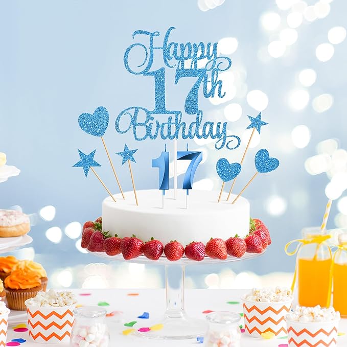 17th Birthday Cake Decorations, 17th Birthday Candles Cake Numeral Candles and Glitter Happy 17th Birthday Cake Toppers Set for Birthday Party Supplies (Blue)
