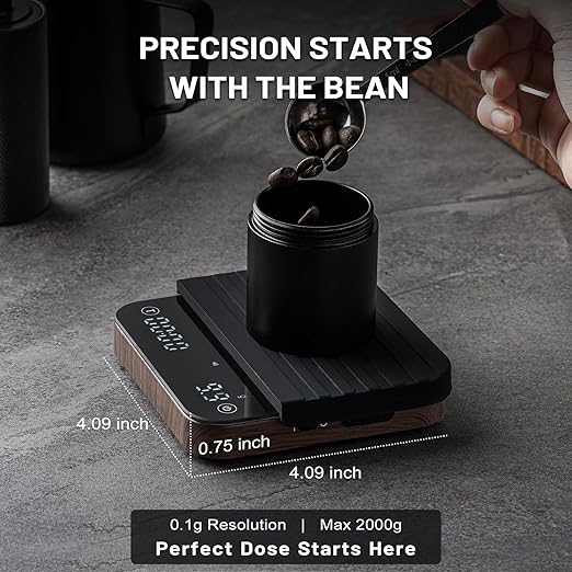 KitchenTour Caf챕Metric Coffee Scale with Timer 0.1g/2000g - Precision Scale for Espresso & Pour Over - Water Flow Speed Mode and Coffee Powder-to-Liquid Ratio Mode - Rechargeable, LCD Display-Wood