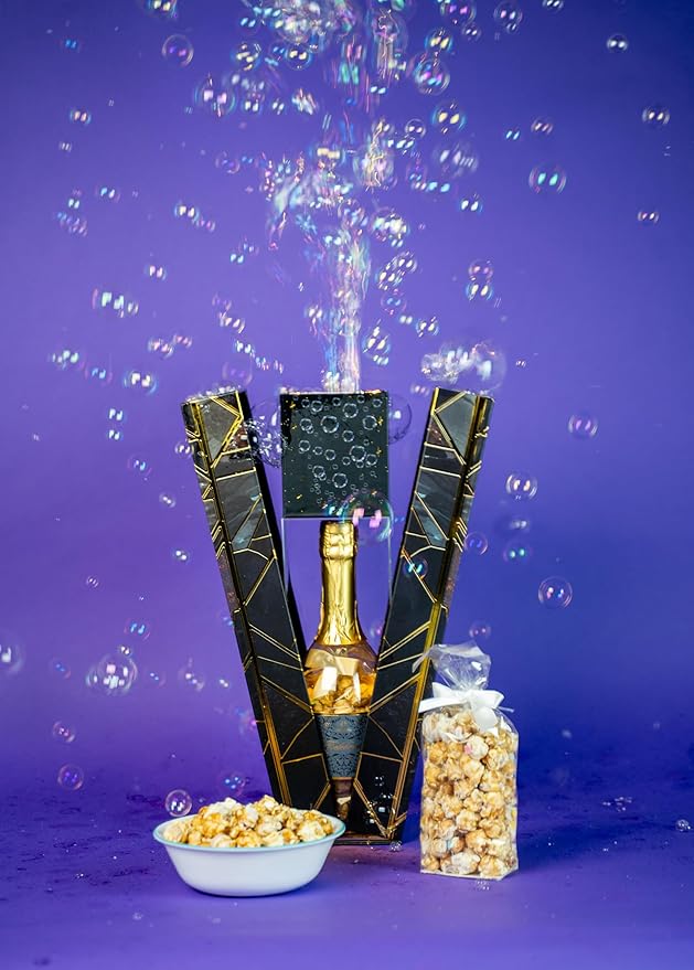 Luxe Bubble Box with Caramel White Chocolate Popcorn by Send A Cake, Ready to Gift, No Assembly Required - Happy Birthday Surprise - Unique Birthday Gift for Women, Men, Sister, Mom, Dad, Best Friend