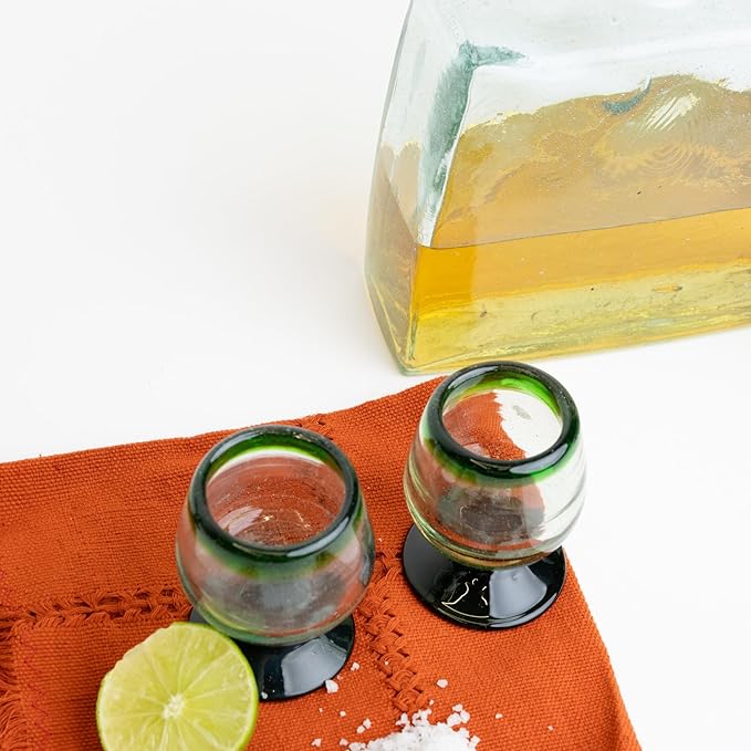 Authentic Mexican Tequila Hand Blown Shot Glasses - Set of 4-2 oz - Mini Glass Snifters - Heavy Base - Cognac (Green Rim)