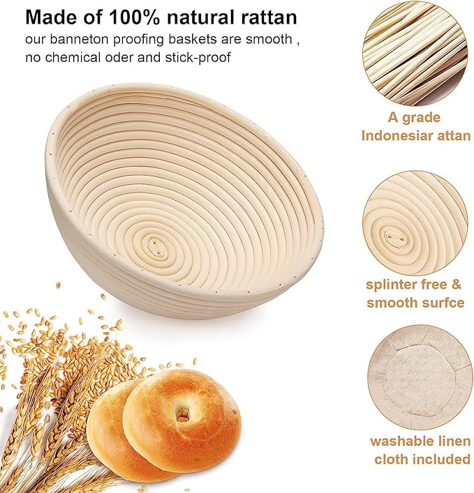 Banneton Bread Proofing Basket Set of 2, 9 Inch Round Sourdough Bread Baking Supplies, Bread Making Starter Kit, Proofing Baskets for Baking, Perfect Baker's Gift Set