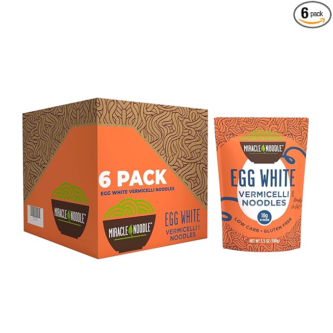 Miracle Noodle Egg White Vermicelli Pasta, 3.5 Oz (Pack of 6), Ready to Eat Egg White Noodles, 10g Protein, 45 Calories, 1g Net Carbs Per Serving, High Protein, Keto, Gluten-Free