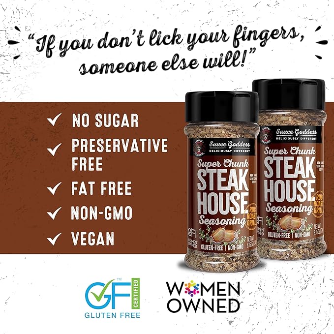 Sauce Goddess Super Chunk Steakhouse Spice Shaker (2-Pack) - Versatile, Delicious Steak Seasoning, BBQ Rub for Chops, Chicken and Veggies! Gluten-Free, Vegan, and No Sugar