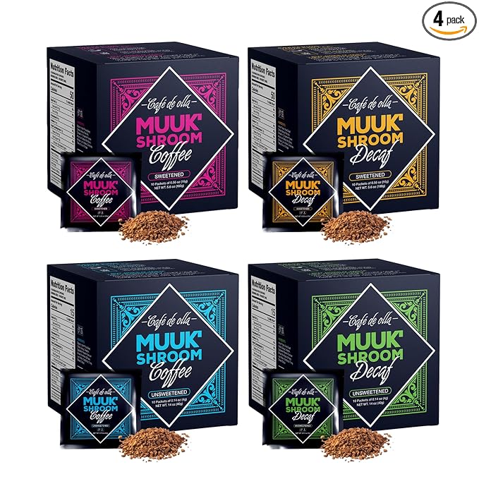 MUUK' SUPERFOODS | Mushroom Coffee Starter Kit | Instant Coffee | Caffeinated & Decaffeinated - Sweetened & Unsweeetened | Spices & Adaptogen Mushroom Blend | Better Focus, More Energy and Stronger Immune Defense | 4 Boxes (10 cups each)