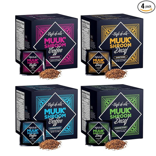 MUUK' SUPERFOODS | Mushroom Coffee Starter Kit | Instant Coffee | Caffeinated & Decaffeinated - Sweetened & Unsweeetened | Spices & Adaptogen Mushroom Blend | Better Focus, More Energy and Stronger Immune Defense | 4 Boxes (10 cups each)