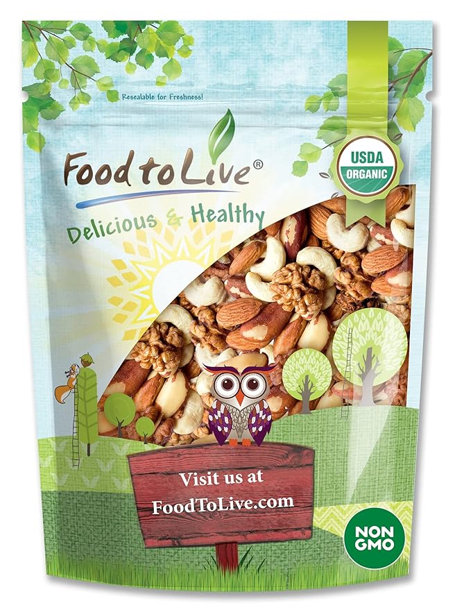 Food to Live - Organic Mixed Raw Nuts, 8 Ounces Cashews, Brazil Nuts, Walnuts, Almonds, Non-GMO, Kosher, Raw, Vegan, Unsalted, Bulk